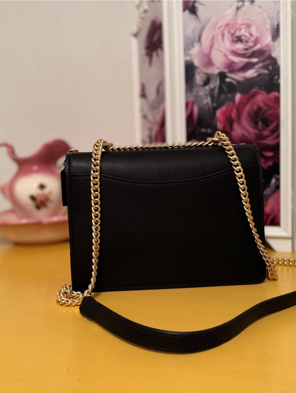 Coach Black Leather and Signature Canvas Crossbody with Gold Chain - Picture 3 of 5